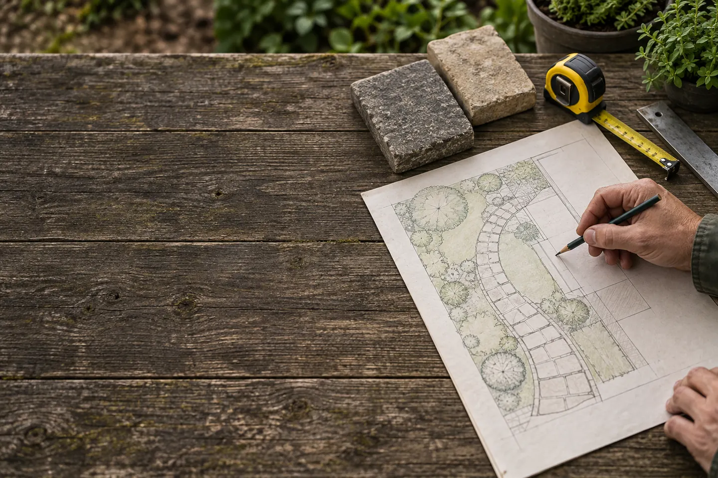 Eine Gartenplanung mit Zeichnung, Maßband und Steinmustern